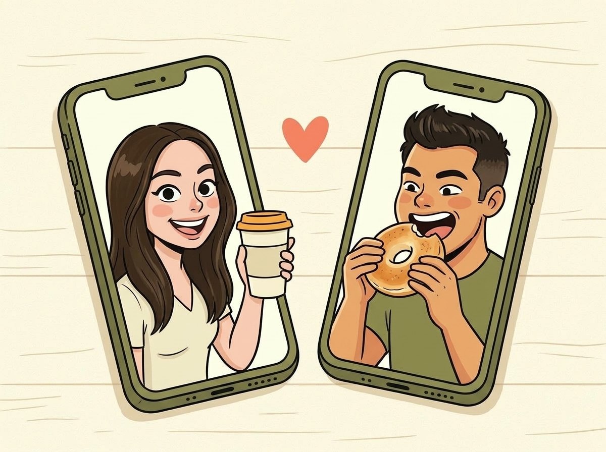A coffee and a bagel, each on a phone screen, a heart between them
