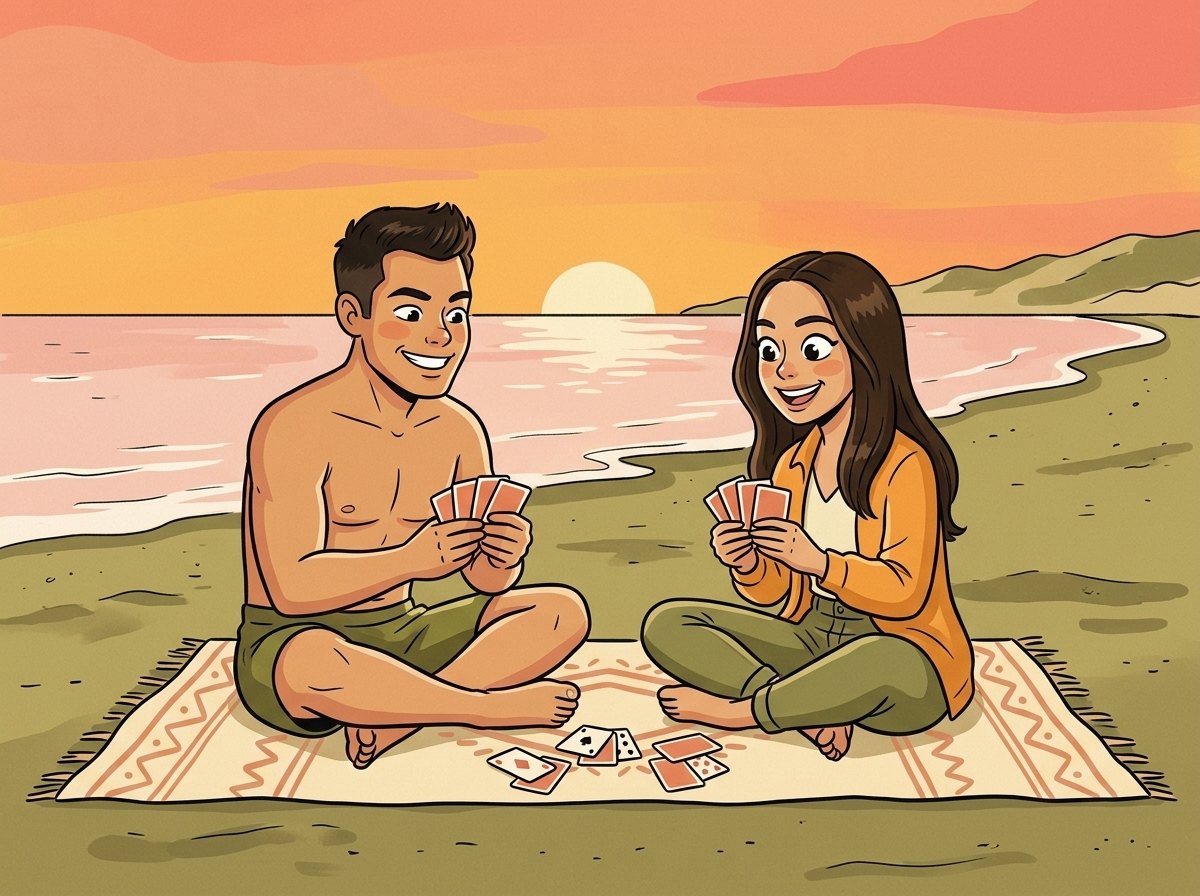 Cards on a beach towel at sunset, Carlie fully dressed